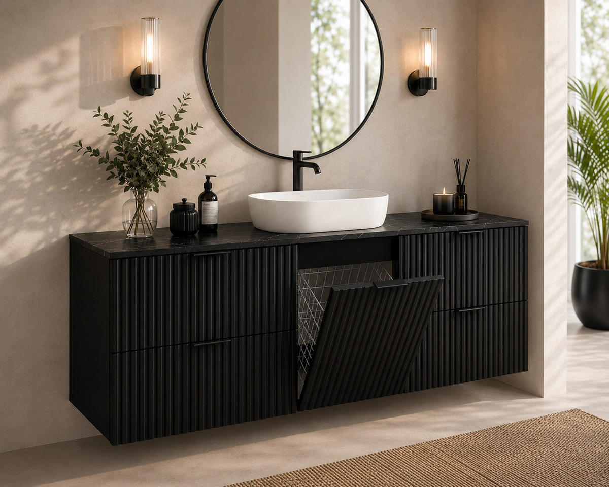 BADMÖBEL-SET MIT WÄSCHEKORB: Schwarz / Platte Marmor Black Royal, Griffe Schwarz, 160 x 46 x 57 cm - Creme/Schwarz, Holzwerkstoff (160/57/46cm) - 3XE LIVING
