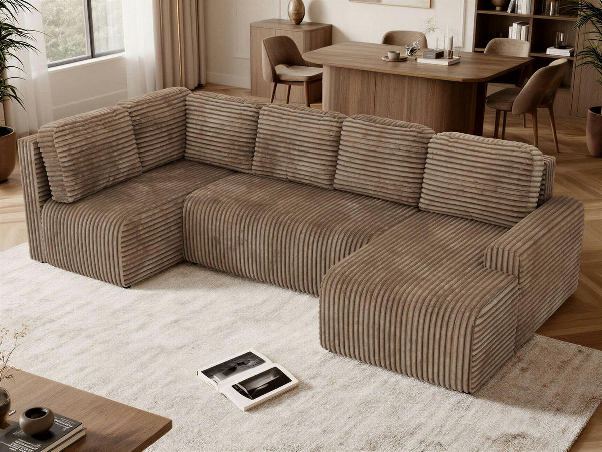 WOHNLANDSCHAFT NESSARO COR U Braun Cord - Links Seite - Schwarz/Braun, Kunststoff/Textil (307/92/151cm) - MKS