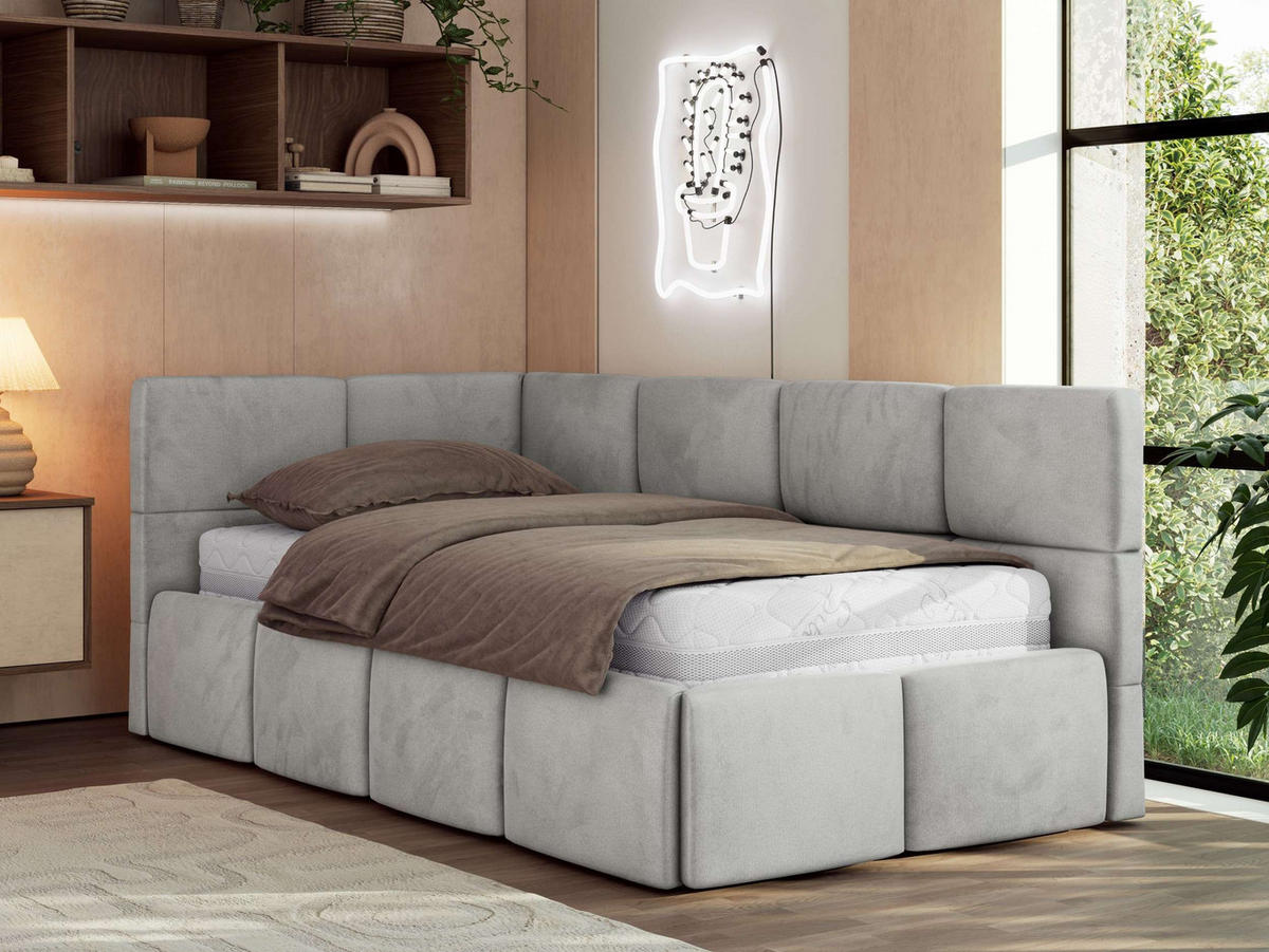 JUGENDBETT ARVO 90/200 - Hellgrau Velvet - ohne Matratze - Links Seite - Hellgrau, Textil (90/200cm) - MKS