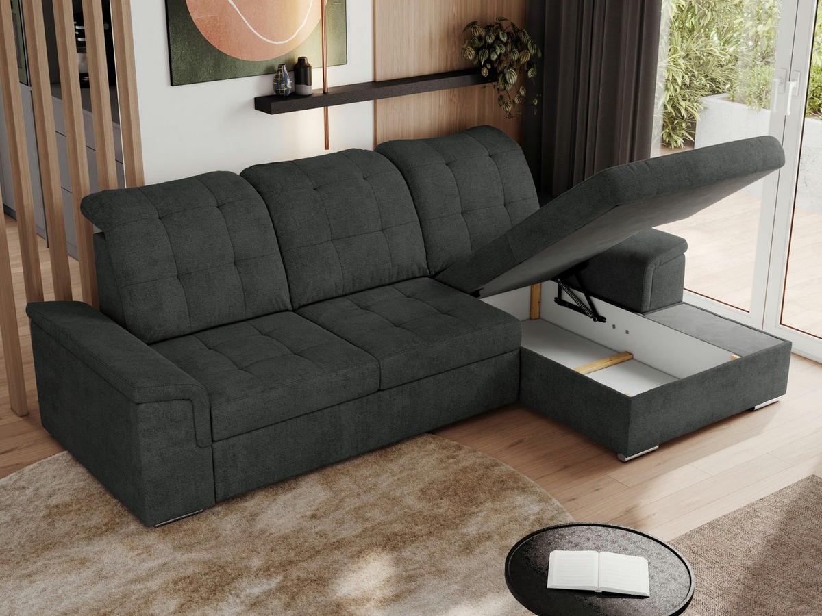 ECKSOFA MADRITO L - Dunkelgrau Struktur - Rechts - Dunkelgrau/Silberfarben, Textil/Metall (256/160cm)