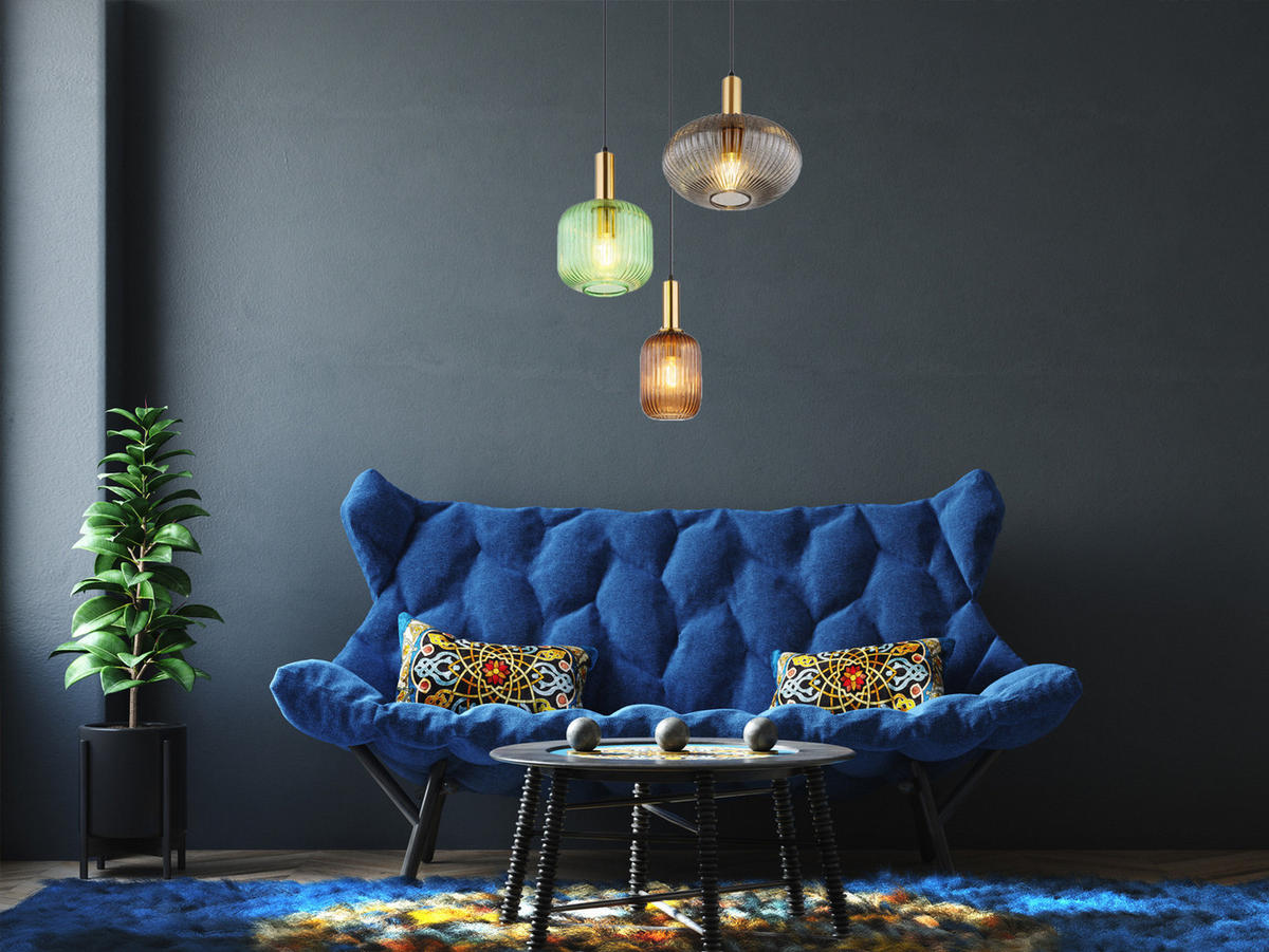 LED-PENDELLEUCHTE Ø55cm, Lampenschirme Glas Bunt - Hellbraun/Messingfarben, Glas/Metall (55/55/130cm) - meineWunschleuchte