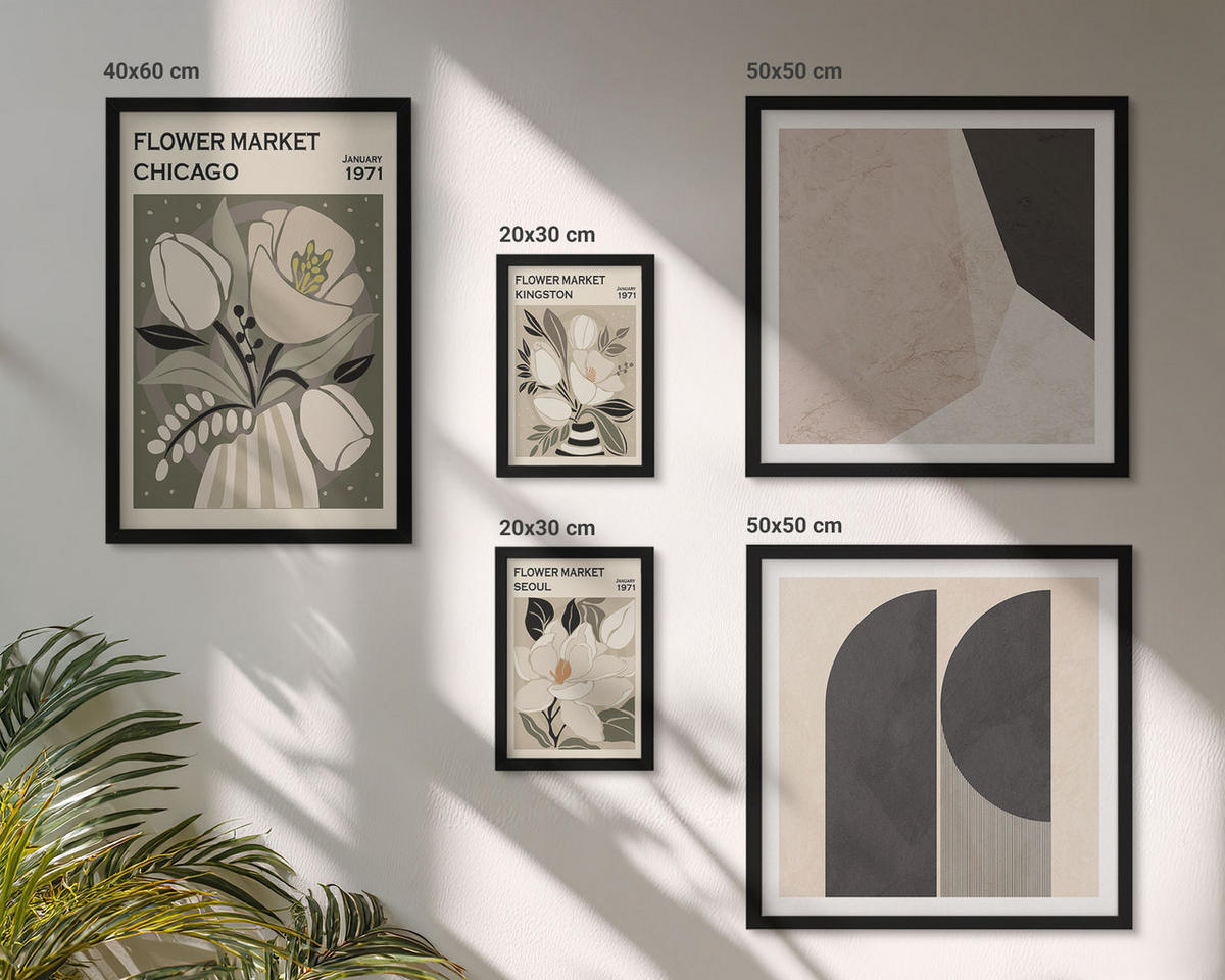 BILDER SET 5er Set - 50x50 cm & 20x30 cm & 40x60 cm Schwarzer Rahmen - Kingston Seoul Retro-Blumen - Schwarz, Kunststoff (40/60cm) - TULUP