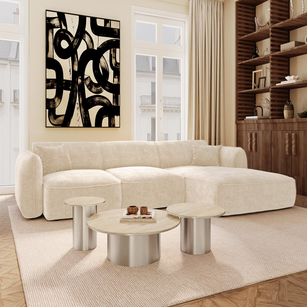 ECKSOFA rechtwinklig LOMI Geprägter Samt Creme 272cm - Creme, Textil (272/90cm) - Premium Interiors