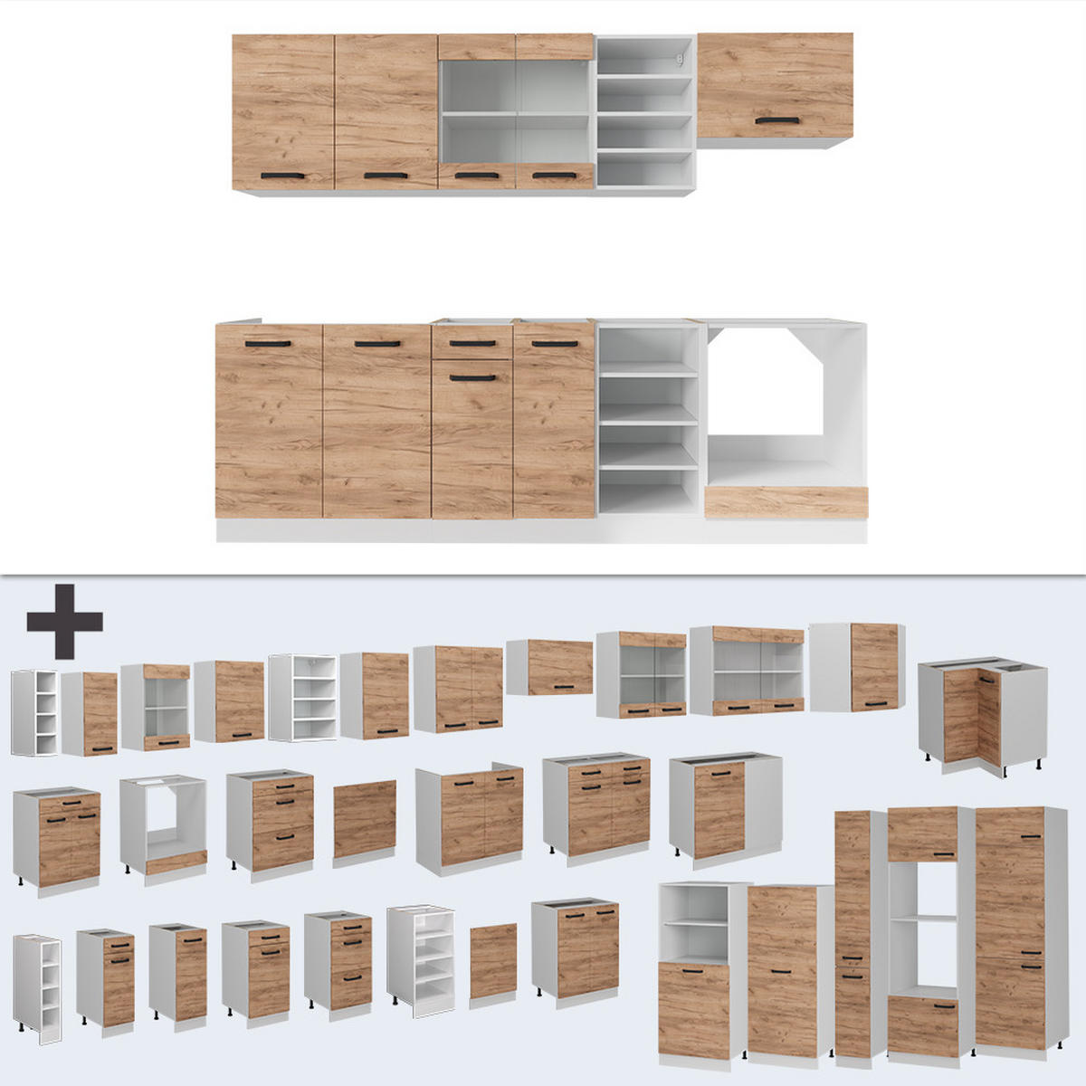 KÜCHENZEILE R-Line Goldkraft Eiche/Weiß 240 cm ohne Arbeitsplatte - Eiche Wotan/Weiß, Holzwerkstoff (240/81.6/46cm) - Vicco
