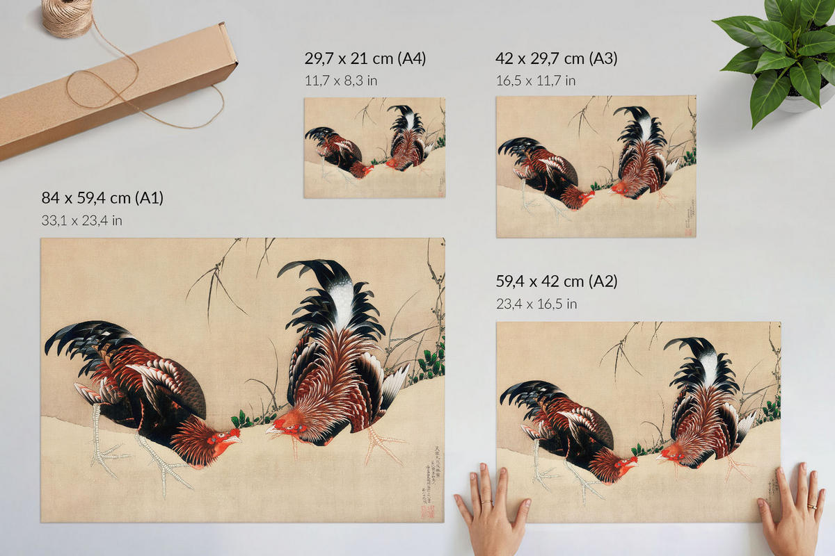 POSTER - 29x21 cm (A4) - Hokusai - Hähne - Creme, Textil (29.7/21/0.1cm) - TULUP