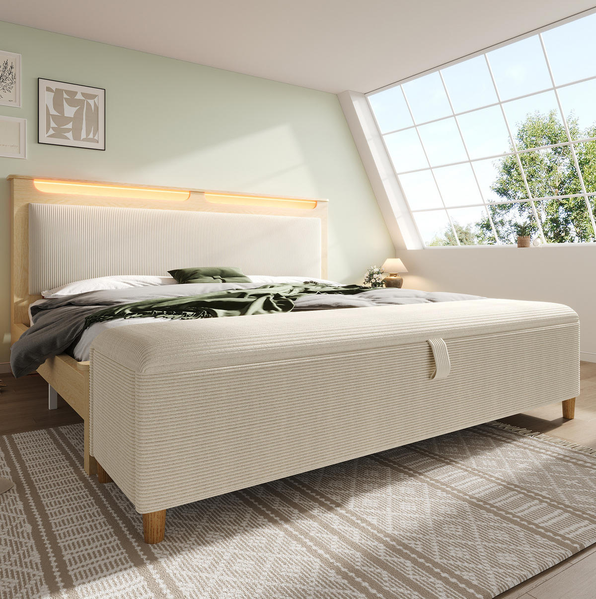 DVOJLŮŽKOVÁ postel 140/200 cm béžová z cordu a dřeva s LED osvětlením a úložnou lavicí - béžová, textil (140/200cm) - OKWISH