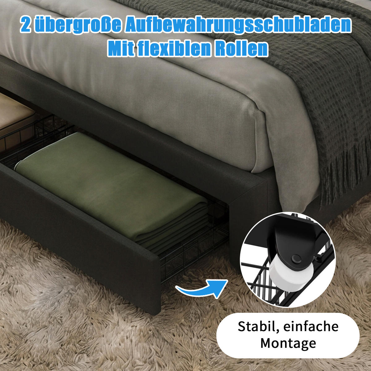 STAURAUMBETT 180x200 cm, Kopfteil mit Stauraum, LED-Beleuchtung, Leinenstoff, in Grau - Grau, Holz (180/200cm) - BRILVERDE