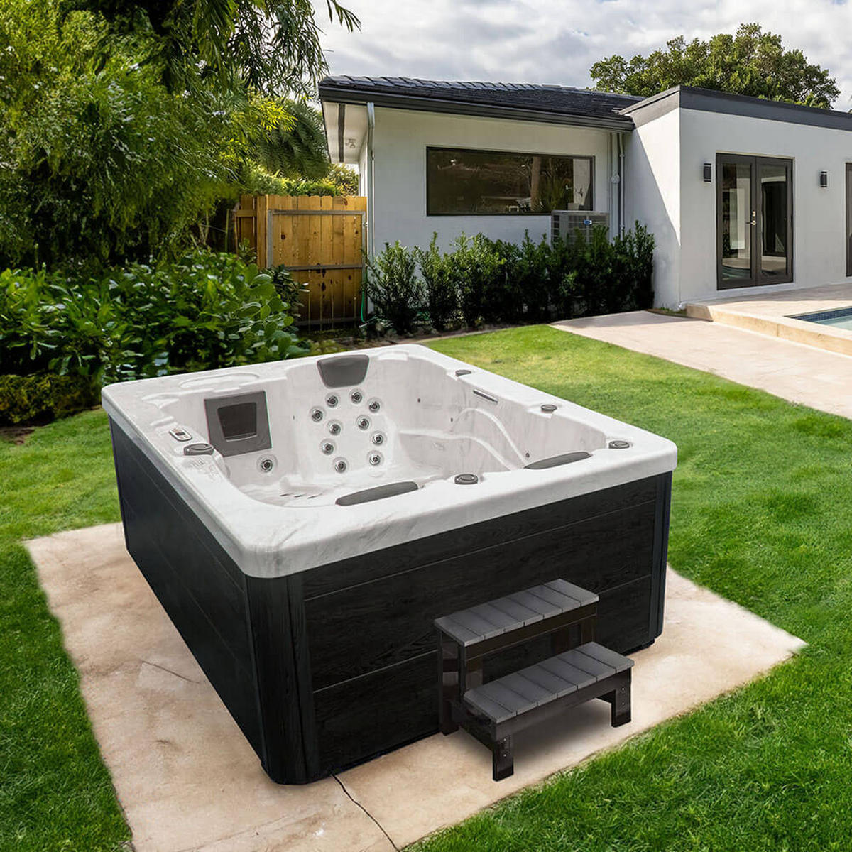 OUTDOOR Whirlpool mit Treppe und Thermoabdeckung WHITE MARBLE Anthrazit - 210 x 160 cm für 3 Personen - Anthrazit, Kunststoff (160/80/210cm) - Home Deluxe