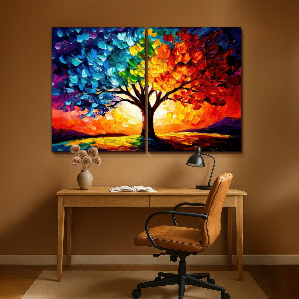 LEINWANDBILD 2er Set Baum - Farbenfroh - Malerei-Look - Abstrakt 180x120 cm - Multicolor, Textil (180/120cm) - MuchoWow