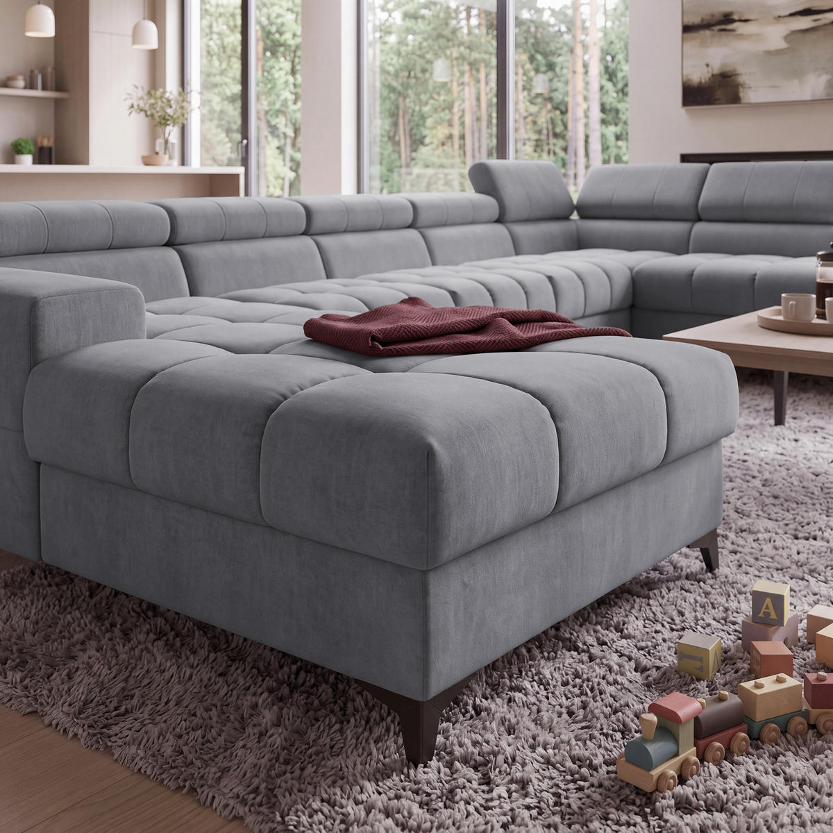 ECKSOFA PUDDING MAXI U Rechts mit Schlaffunktion 125x330 Velours Dunkelgrau - Dunkelgrau/Schwarz, Holz/Textil (421/203cm) - Muffo