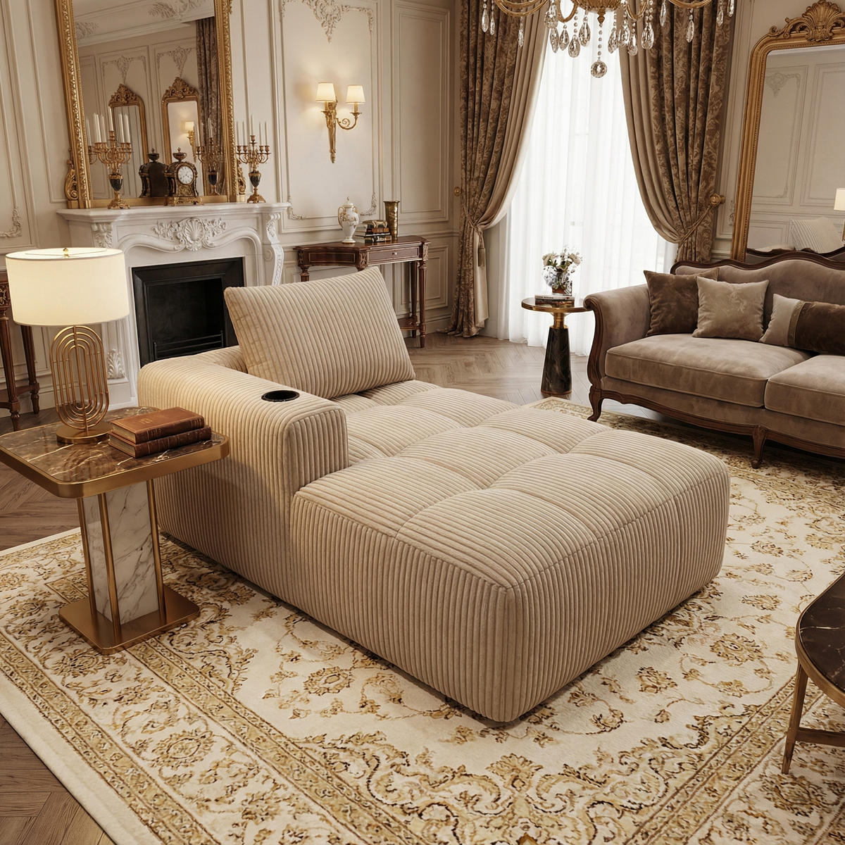 CHAISELONGUE in Cord (158 cm) mit Getränkehalter & Seitentaschen - Taupe, Textil (158/61/93cm) - Urban Meuble