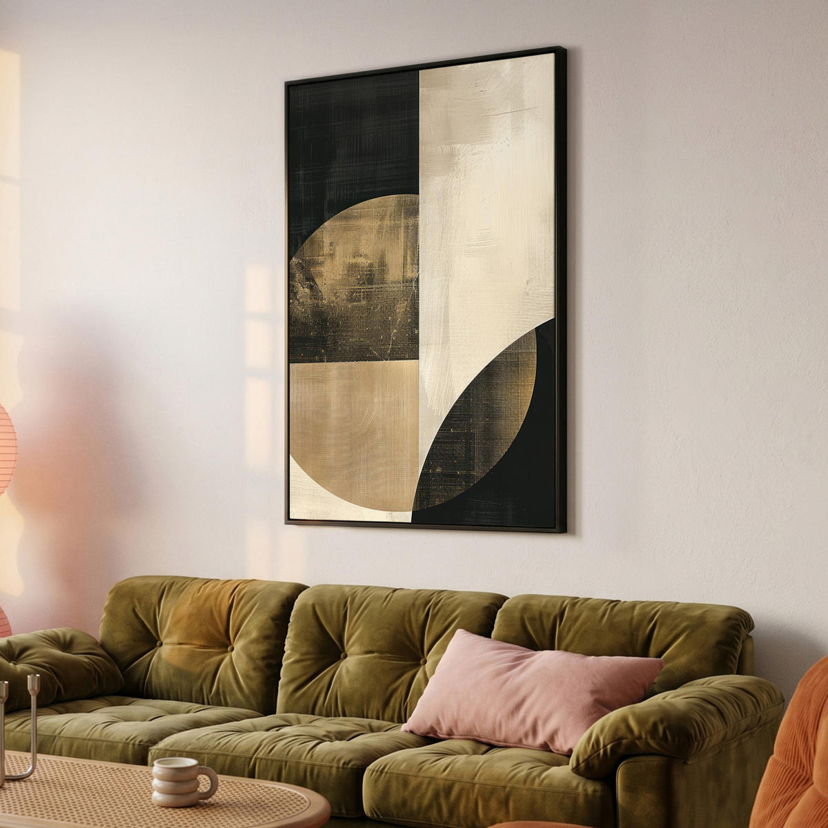 LEINWAND Bilder mit Rahmen - Abstrakt - Geometrische Formen - Schwarz - Gold - 80x120 - Ecru, Textil (80/120cm) - MuchoWow