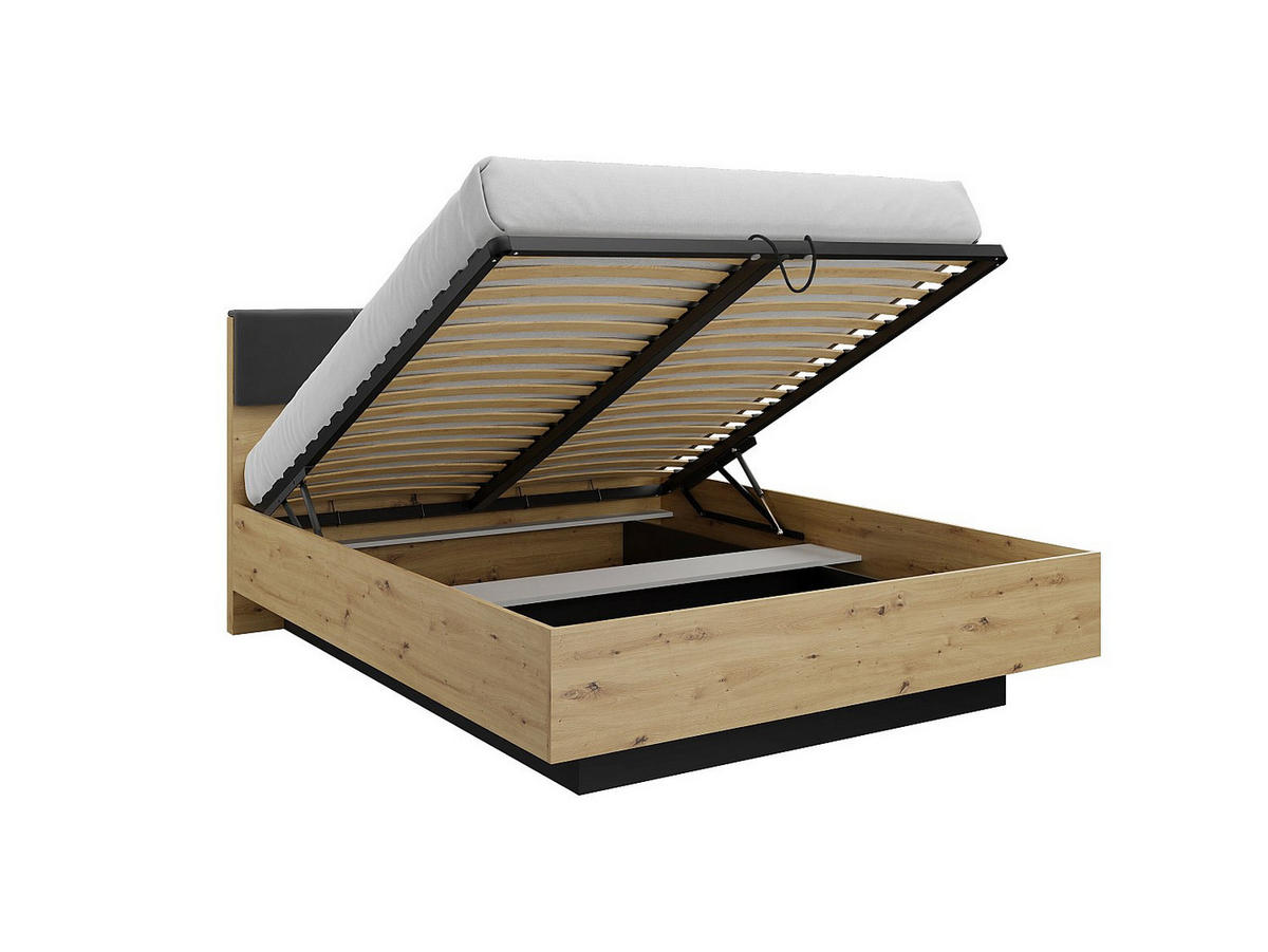 BETT mit Bettkasten - 2 Personen - Holz, Platte - Schwarz, Naturfarben Hell - - Schwarz/Naturfarben, Holz (160/200cm) - Vente-Unique