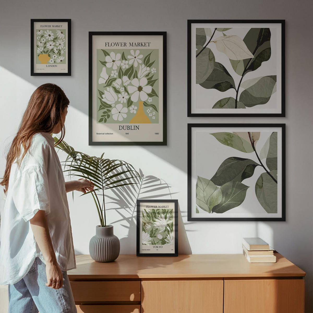 WANDBILDER 5er-Set - 50x50 cm & 20x30 cm & 40x60 cm Schwarzer Rahmen - Blumenmuster London Dublin - Schwarz, Kunststoff (40/60cm) - ArtPrintCave