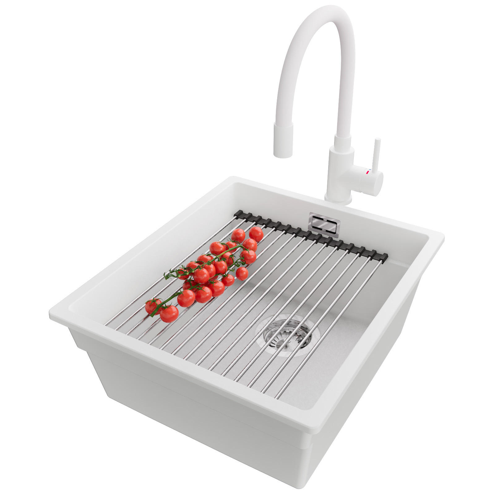 UNTERBAUSPÜLE GRANIT Praga, 2-er set Weiß 41/47 cm 1 Becken + Küchenarmatur 38/14 cm + Ablauf-Set + Aufrollbare Abtropffläche ab 45er Unterschrank - Chromfarben/Weiß, Kunststoff (41/20/47cm) - Primagran