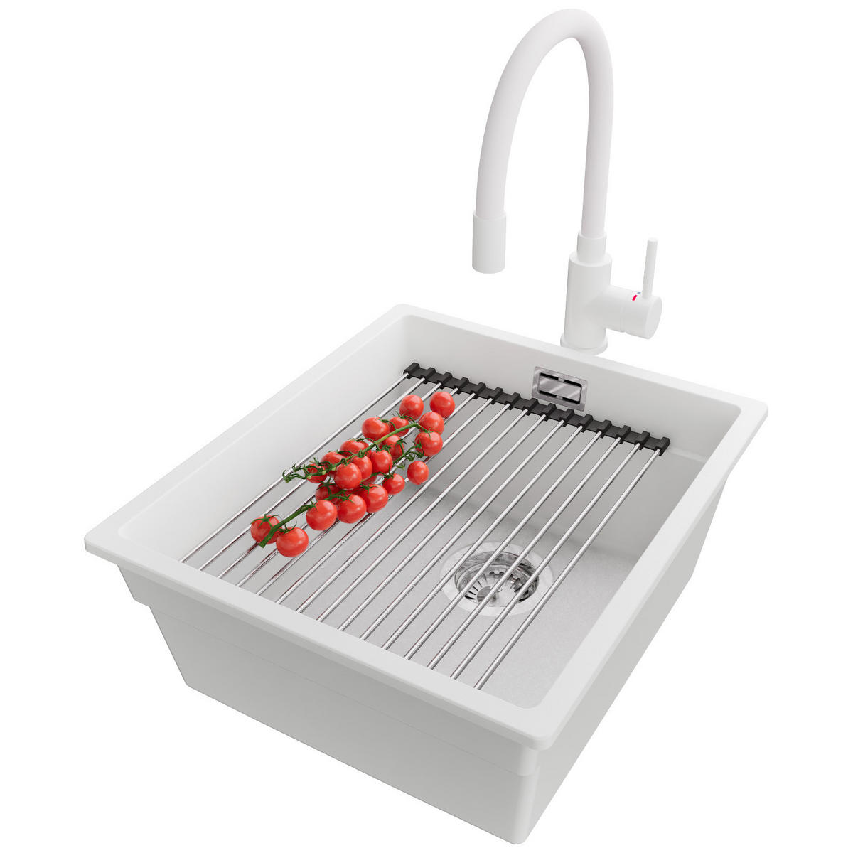 UNTERBAUSPÜLE GRANIT Praga, 2-er set Weiß 41/47 cm 1 Becken + Küchenarmatur 38/14 cm + Ablauf-Set + Aufrollbare Abtropffläche ab 45er Unterschrank - Chromfarben/Weiß, Kunststoff (41/20/47cm) - Primagran