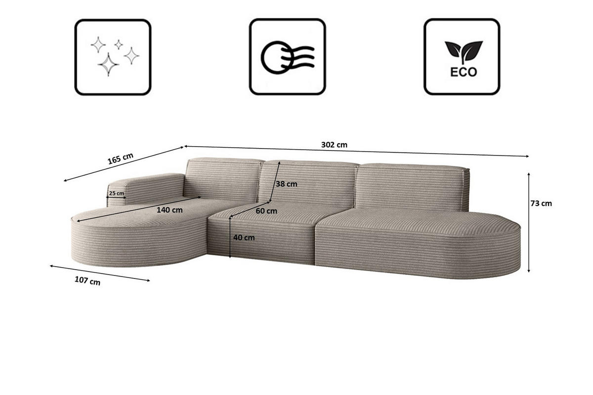 ECKSOFA Designer, Sofa L form MODENA 302 cm stoff Poso Hellbraun Links - Hellbraun, Holz (302/296cm) - Kaiser Möbel