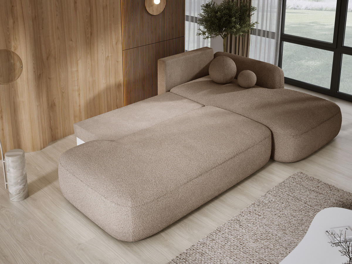 ECKSOFA BABU mit Schlaffunktion, Moderne Polsterecke für Wohnzimmer, funktionales Schlafsofa im Stoff NOW OR NEVER, 300x105x60cm rechte, Beige​ - Cappuccino, Holz/Textil (300/190cm) - DomoHome