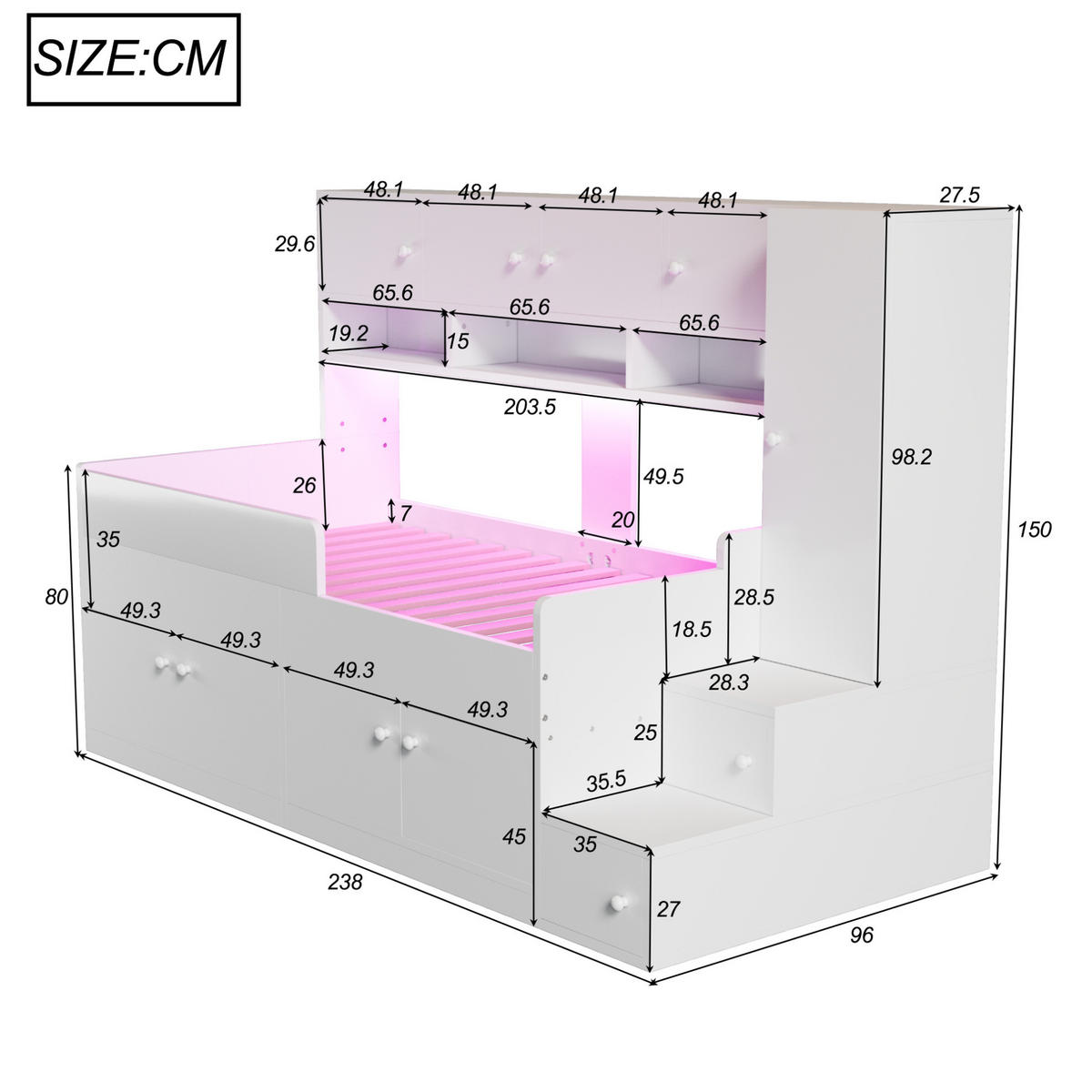 KINDERBETT 90/200 cm weiß aus Holz mit Stauraum, Schrank und LED - Weiß, Holzwerkstoff (90/200cm) - OKWISH