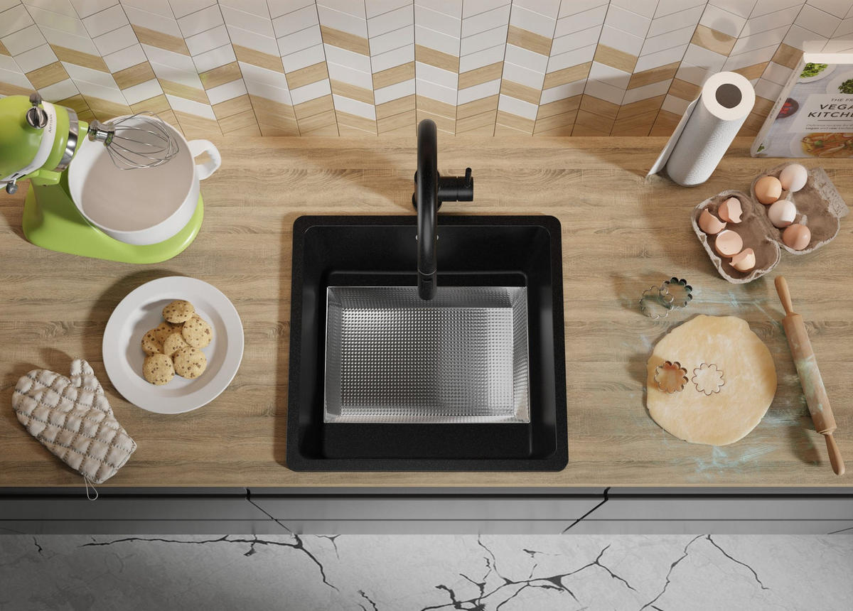 SPÜLBECKEN Venedig Slim Easy, 2-er set Alles Schwarz 46/44 cm 1 Becken + Ablauf-Set ab 50er Unterschrank - Schwarz, Kunststoff (46/20/44cm) - Primagran