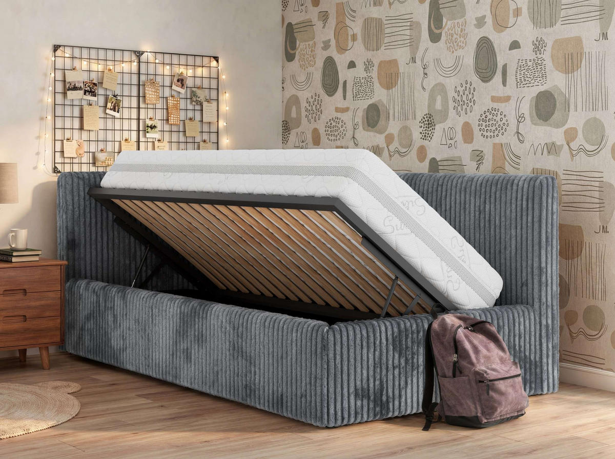 POLSTERBETT TILVO 90/200 - Grau Cord - Ohne Matratze - Links - Grau, Textil (90/200cm) - MKS