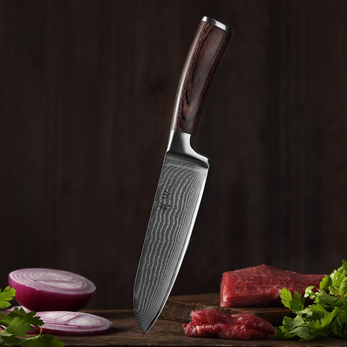 SANTOKU Damastmesser I EDIB - Braun, Holz/Metall (30cm) - Wakoli