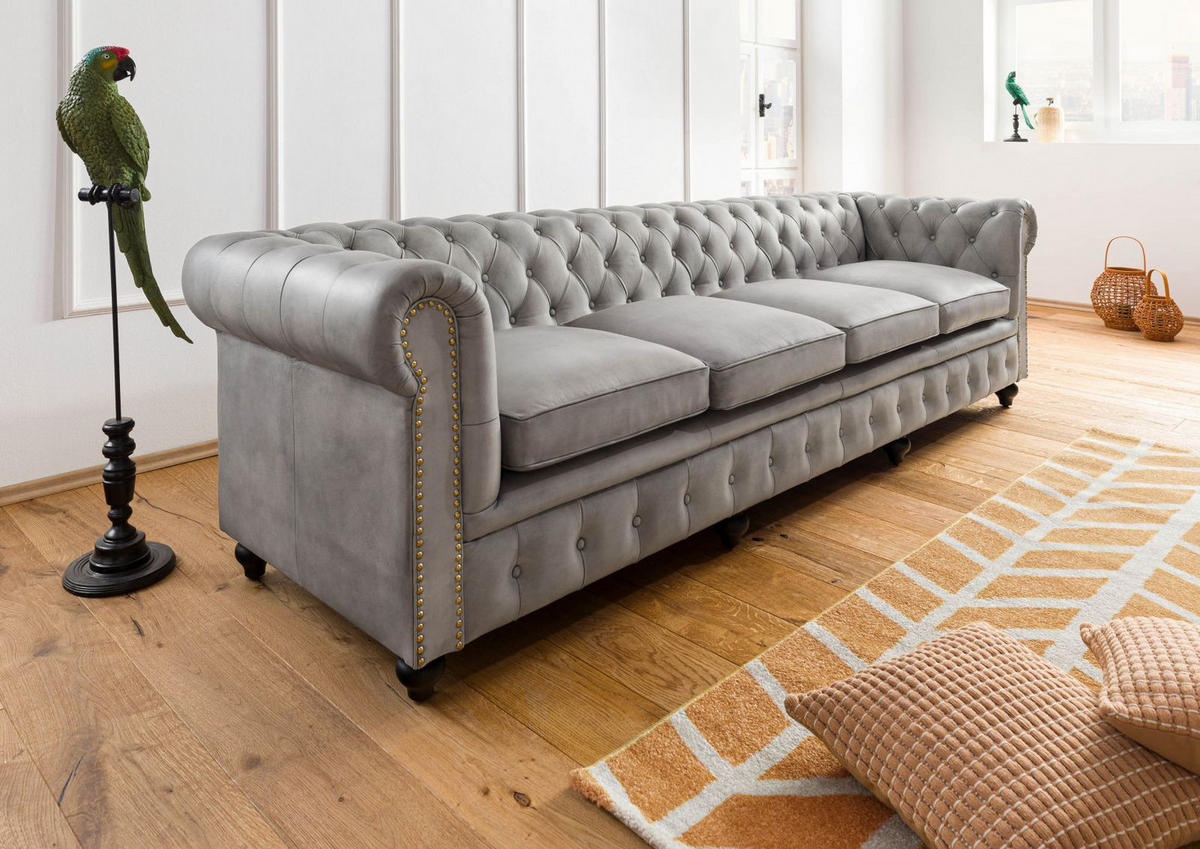 SOFA 4-Sitzer Echtleder 274x82x75 grau CHESTERFIELD #204 - Grau, Leder (274/75/82cm) - Massivmoebel24