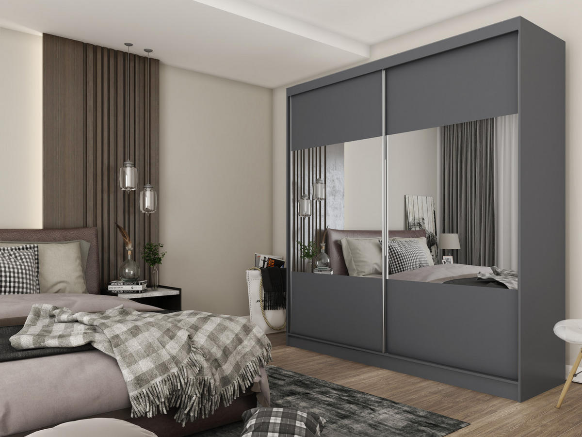KLEIDERSCHRANK mit Spiegel-Schiebetüren und Aluminium-Leisten, LED-Beleuchtung - CELI - 200 cm Grau - Grau, Holzwerkstoff (200/216/61cm) - ALTDECOR
