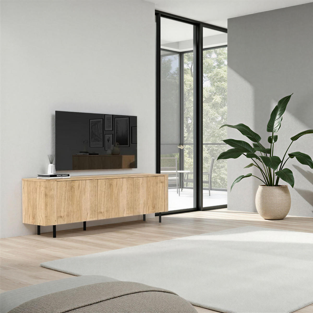 TV-MÖBEL mit 3 Türen abgerundeten Kanten Eichendekor 180,2/42/60,2 cm - Eschefarben, Holzwerkstoff (42/60.2/180.2cm) - Calicosy