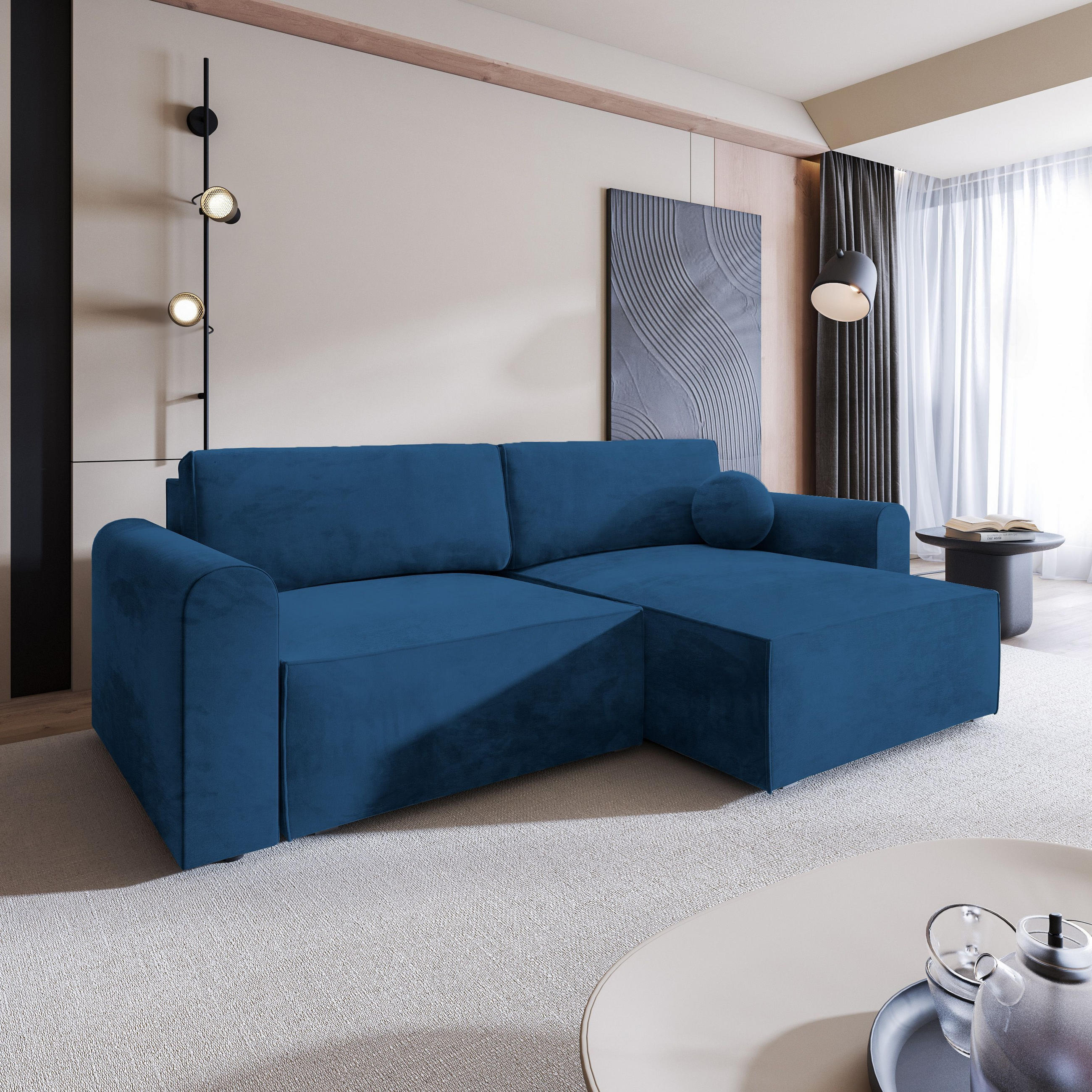 ECKSOFA FIANO M Blau Velours-Stoff mit Schlaffunktion - Blau, Holz (245/148cm) - MASSENO