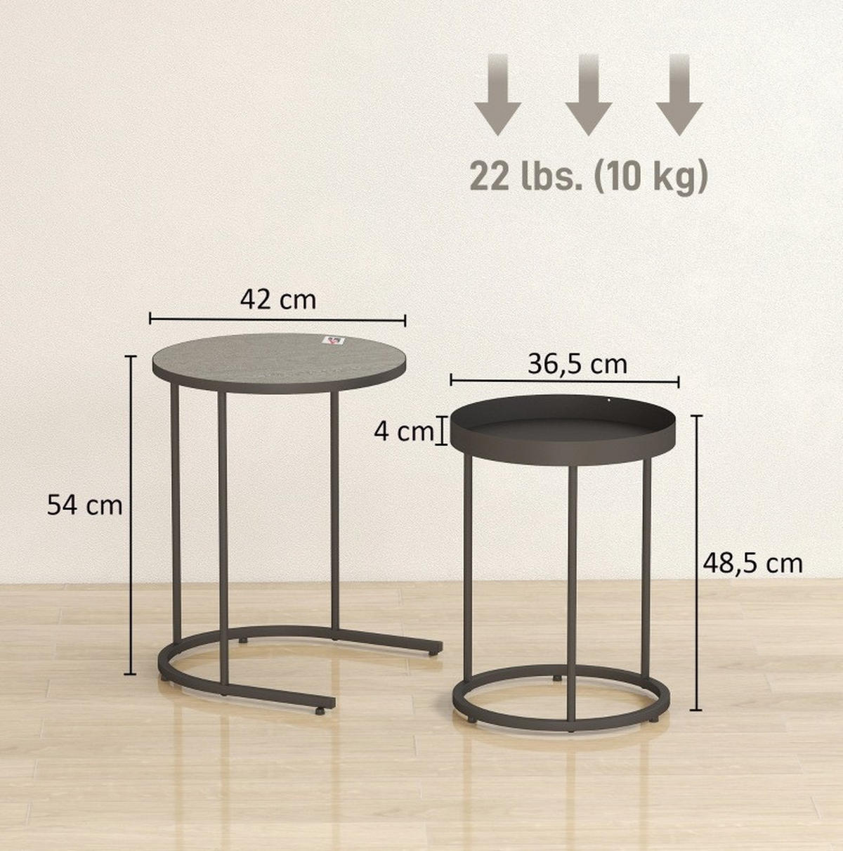 SATZTISCHE 42/42/54 und 36/36,5/48,5 cm im 2er-Set, stapelbar mit Tablettdesign und Metallgestell, Grau - Grau, Metall (42/42/54cm) - Redom