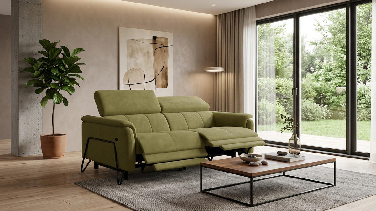 RELAXSOFA RODEN 3-Sitzer mit 2 Relax, olive, Veloursstoff - Grün, Holz/Textil (194/82/103cm) - Wozimo