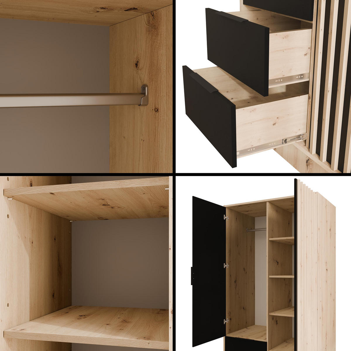 KLEIDERSCHRANK NELIA - 120 cm - Schwarz/Eiche Artisan, Holzwerkstoff (102/200/51cm) - ALTDECOR