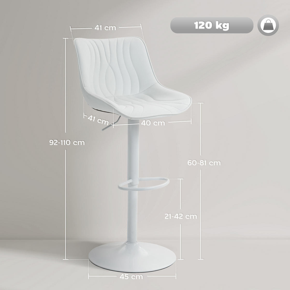 BARHOCKER 2er-Set DE-14774 höhenverstellbar & 360° schwenkbar Weiß - Weiß, Metall (47.5/110/54cm) - ComfortXL
