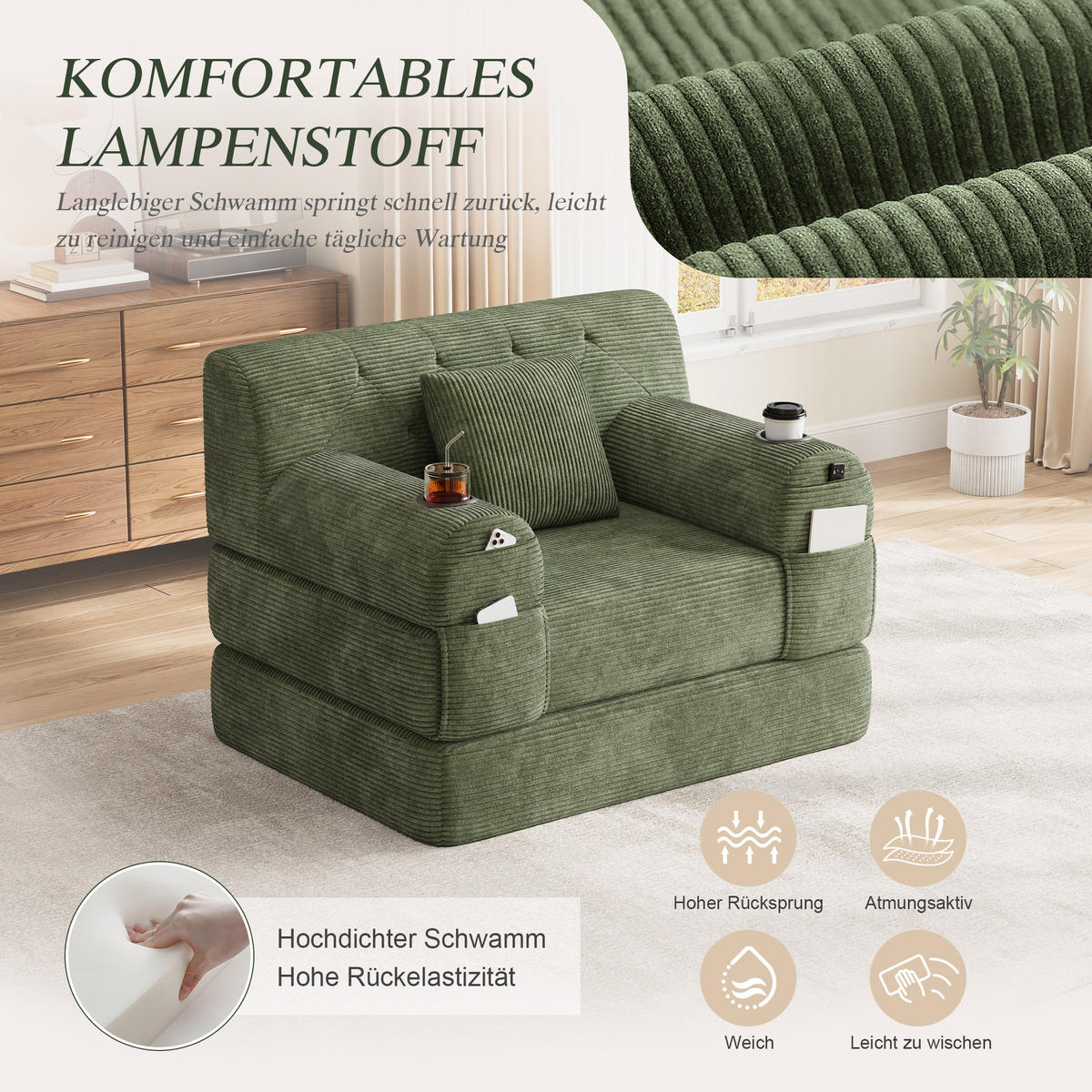 ROZKLÁDACÍ KŘESLO Zelené z manšestru s držáky nápojů - zelená barva, textil (107/81/80cm) - Urban Meuble