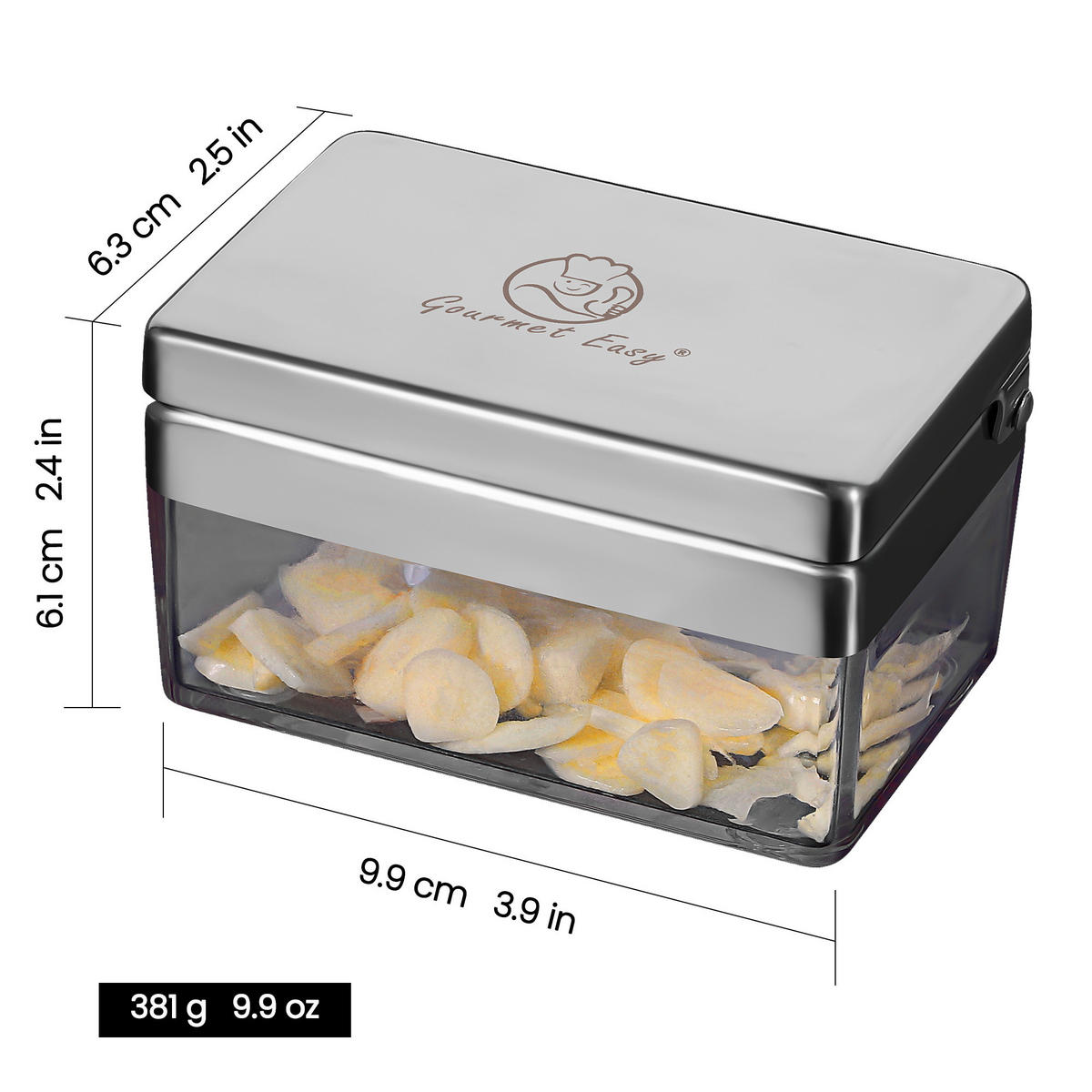 KNOBLAUCHSCHNEIDER Deluxe,Knoblauchschneider Deluxe, Edelstahl, 2-in-1 Hacker & Slicer mit Behälter - Edelstahlfarben, Metall (6.29cm) - Gourmet Easy