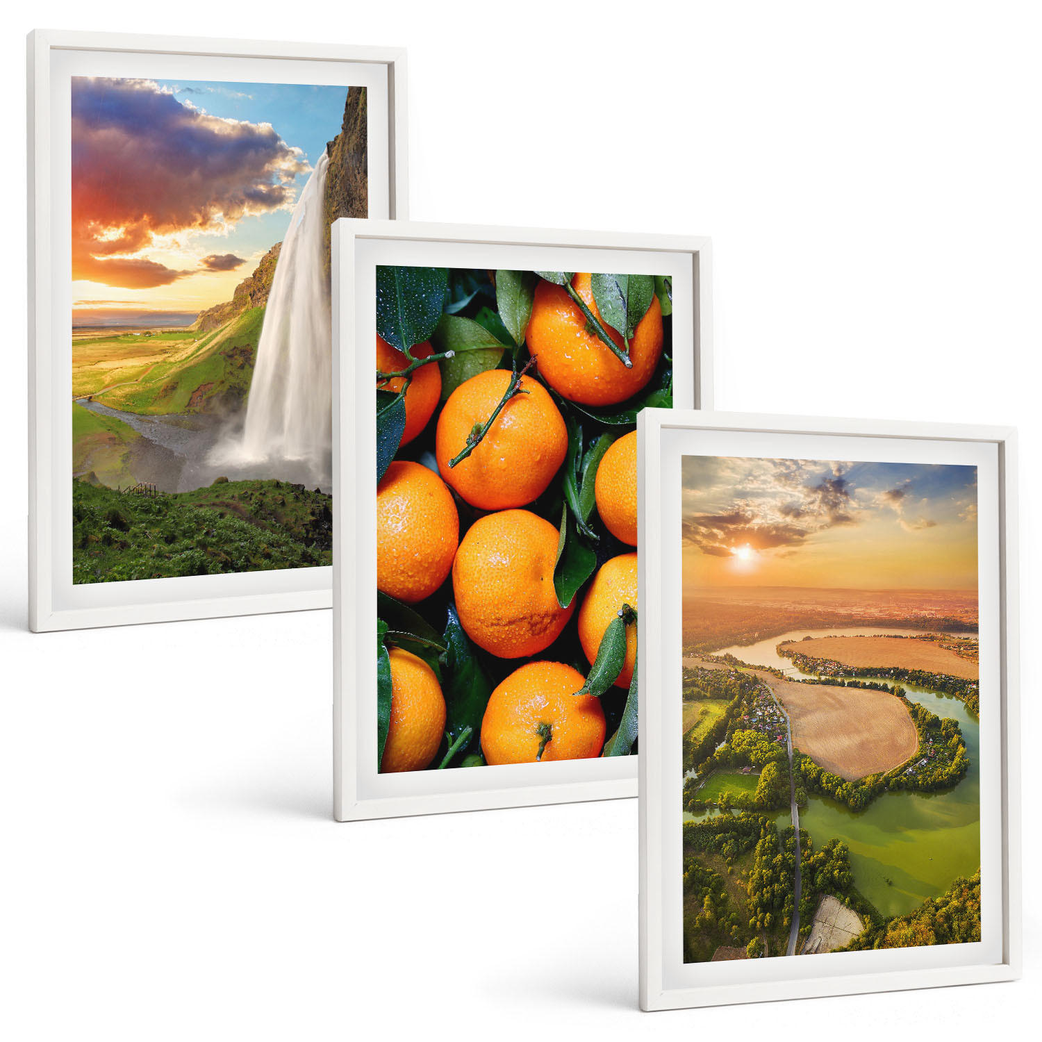 BILDER SET 3er Set - 40x60 cm Weißer Rahmen - Orange Mountain Wasserfall - Weiß, Kunststoff (40/60cm) - TULUP
