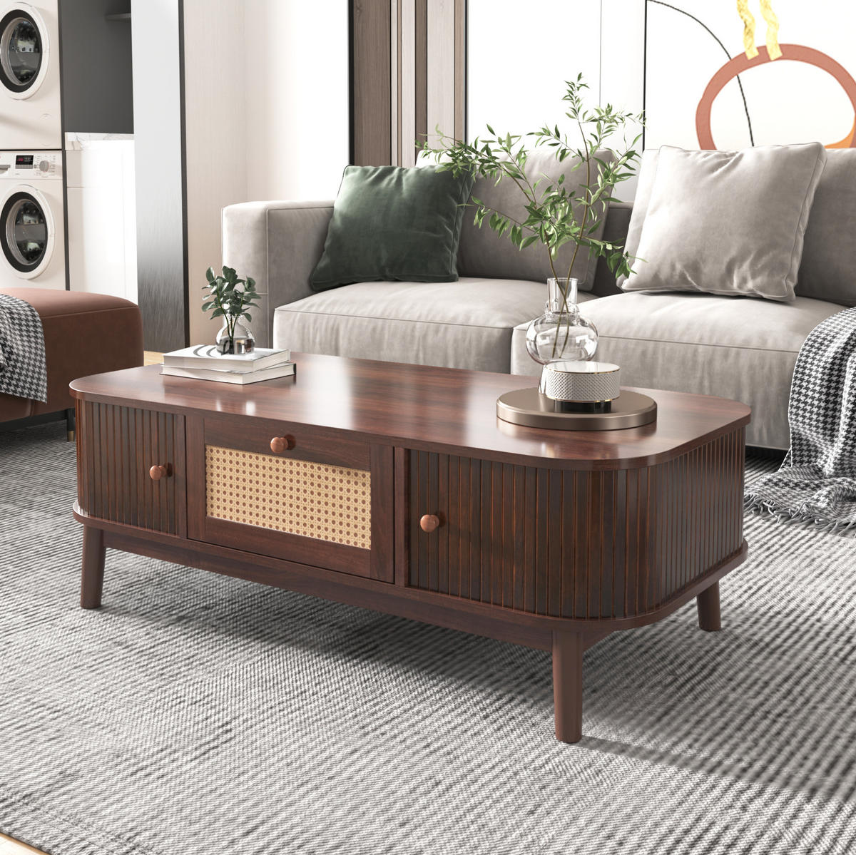COUCHTISCH mit Rattan-Optik, Schubladen & Schiebetüren, MDF-Korpus, Massivholzbeine, 110/55/38,5 cm,Naturfarben - Naturfarben, Holzwerkstoff (55/110/38.5cm) - Redom