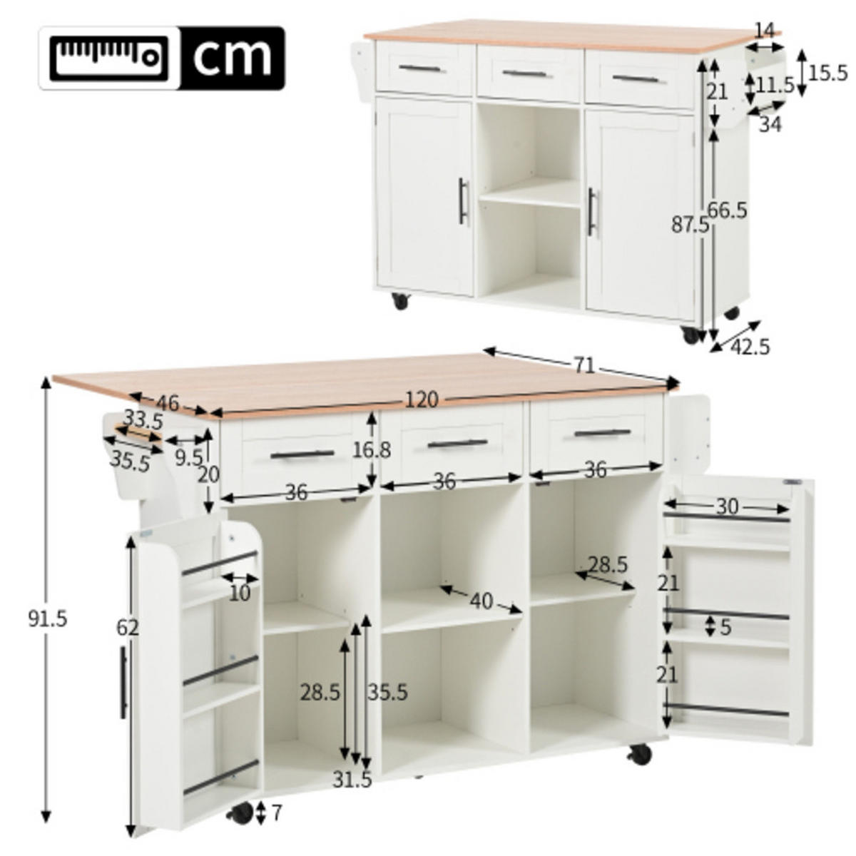 KÜCHENINSEL weiß aus MDF mit klappbarer Erweiterungsplatte 139 × 46 × 91,5 cm - Weiß, Holzwerkstoff (139/91.5/71cm) - Luhomfu