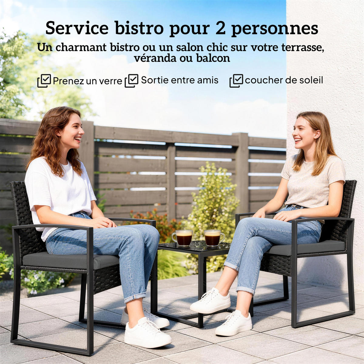 GARTENSITZGRUPPE 2er-Set DE-13686 mit Glastisch Schwarz - Schwarz, Metall - ComfortXL
