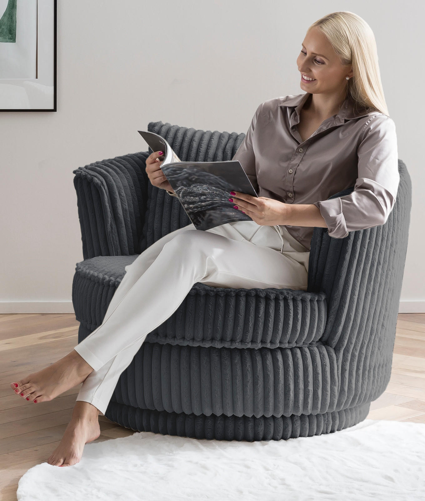 BIG-SESSEL Mega Cord grau Ø 95 cm 360° drehbar, inklusive Kissen - Grau, Holz/Kunststoff (95/77/95cm) - Furn.Design