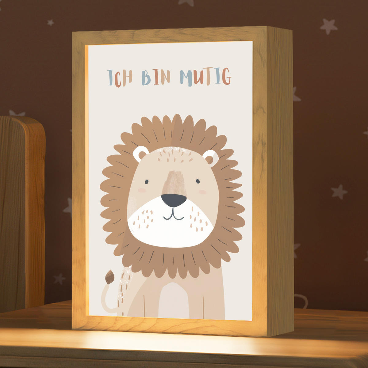 NACHTTISCHLAMPE Löwe - Beige - Tier - Mutig - Zitat 20x30 cm - Beige, Holzwerkstoff (8/20/30cm)