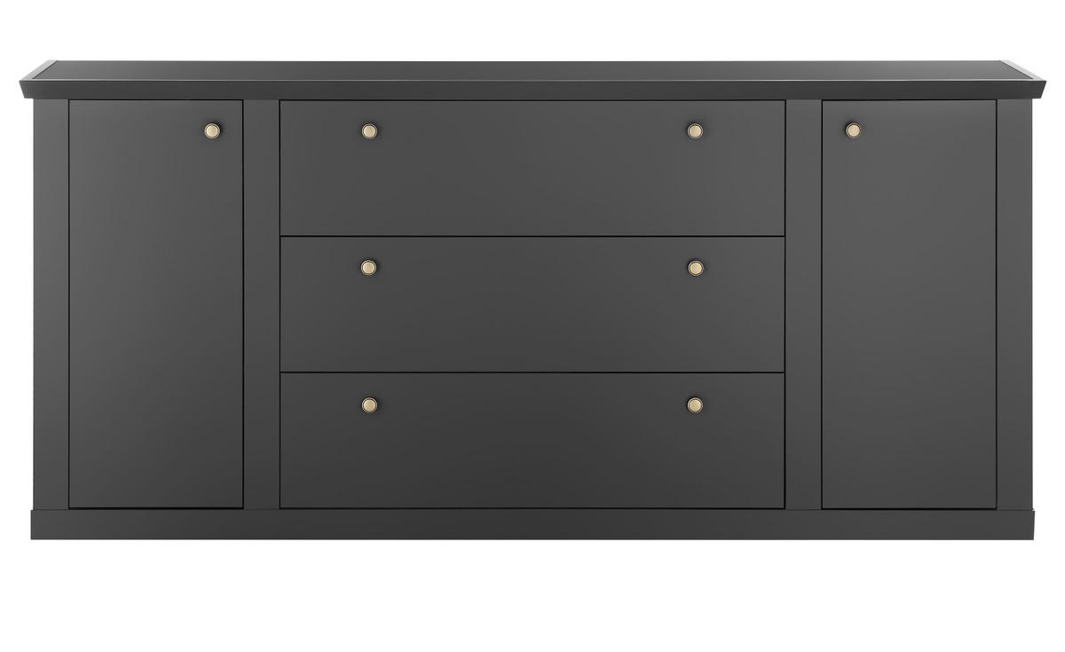 SIDEBOARD schwarz matt, Eiche Landhaus 205 cm, Kommode mit Soft-Close - Eichefarben/Messingfarben, Holzwerkstoff/Metall (205/92/42cm) - Furn.Design