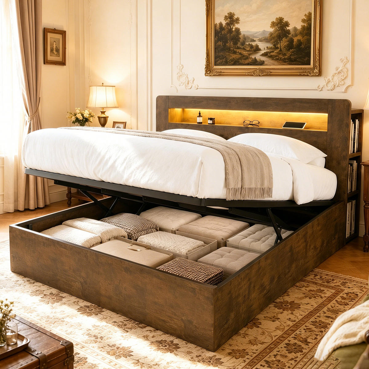 BETT 180/200 cm in Holz mit Bettkasten, LED und Steckdosen - Nussbaumfarben, Holz/Holzwerkstoff (180/200cm) - WISHDOR