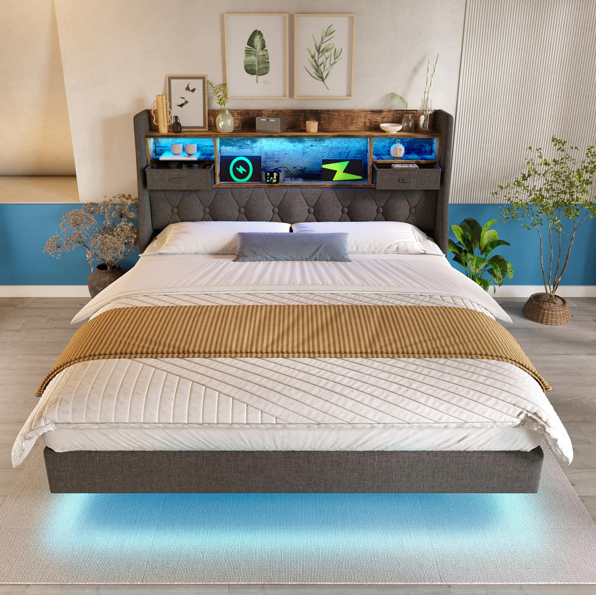 POLSTERBETT aus Leinen 180x200 cm in Grau mit LED & Ladestation - Grau, Textil (180/200cm) - Modfu