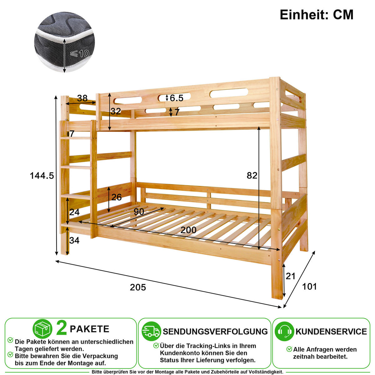 PATROVÁ POSTEL 90/200 cm v přírodní barvě, dělitelná na 2 lůžka - přírodní, dřevo/kompozitní dřevo (90/200cm) - CHICFURN