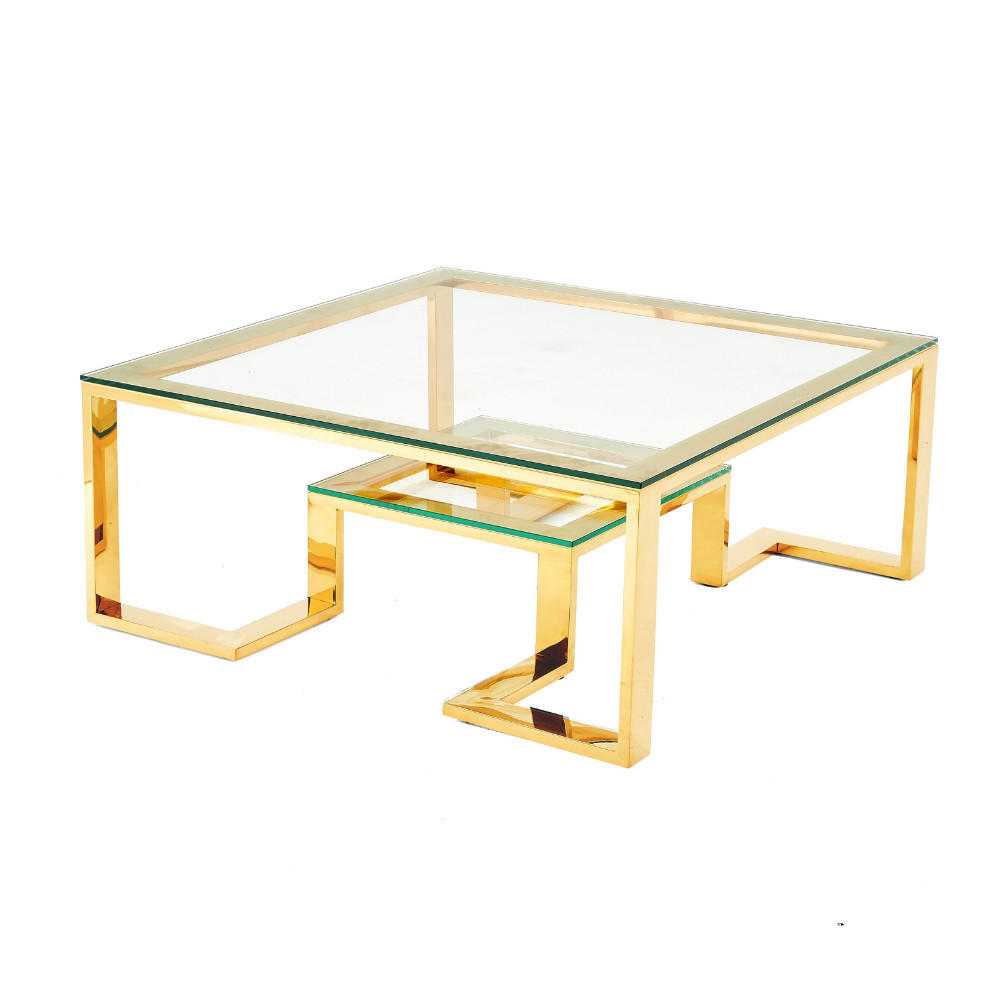 DESIGN-COUCHTISCH "AUREA" – Quadratischer Glas-Wohnzimmertisch mit geometrischem Gold-Gestell - Goldfarben, Glas (100/100/45cm) - alesvelt