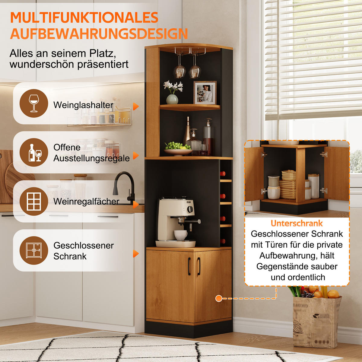 HIGHBOARD DE-38705 40/40/182 cm Weinglasregal und 4 Weinfächer Schwarz - Schwarz, Holzwerkstoff (40/182/40cm) - ComfortXL