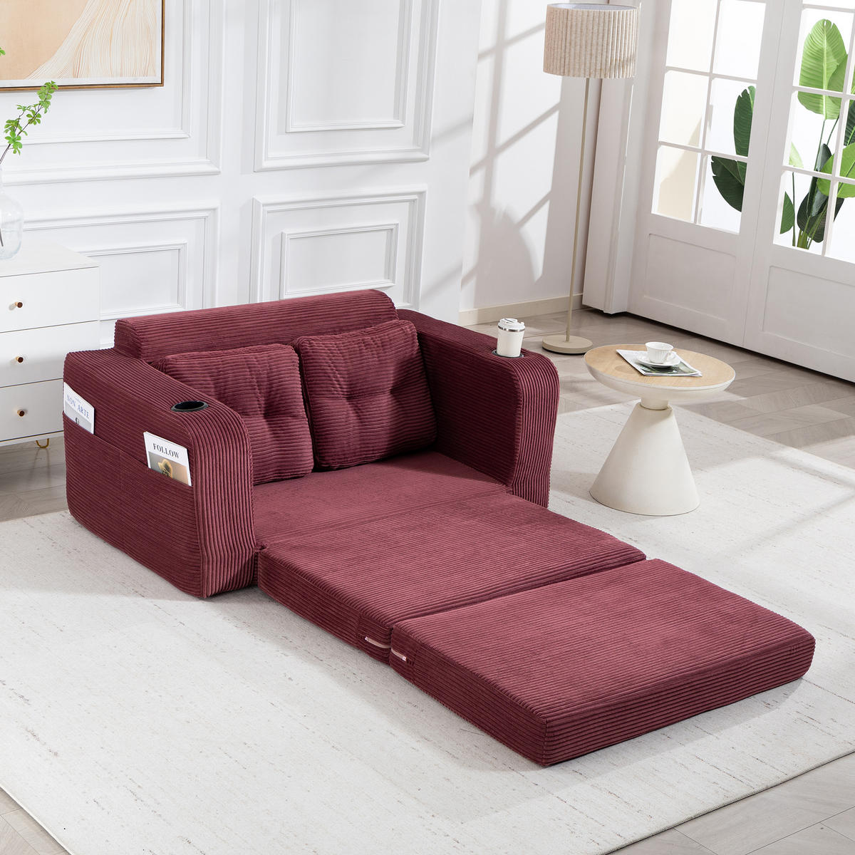 SCHLAFSOFA in Rotwein Cord mit Getränkehalter und Seitentaschen - Weinrot, Textil (136/82.5/80cm) - Oxeza