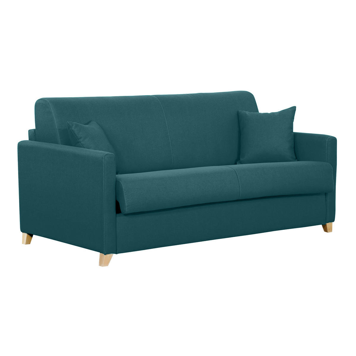 SCHLAFSOFA Skandinavisch Entenblau Helles Holz Matratze 18 cm 3-Sitzer SKANDY - Blau, Textil (99/92/176cm) - Miliboo